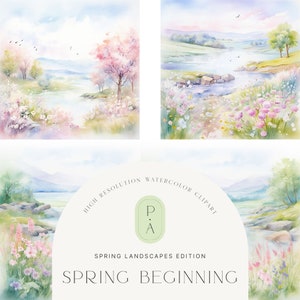 Watercolor Spring Landscapes Clipart - Watercolor Landscapes - Scrapbooking - Spring Clipart - Spring Scenes - Unlimited Extended License