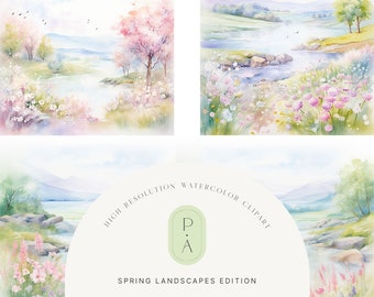 Watercolor Spring Landscapes Clipart - Watercolor Landscapes - Scrapbooking - Spring Clipart - Spring Scenes - Unlimited Extended License