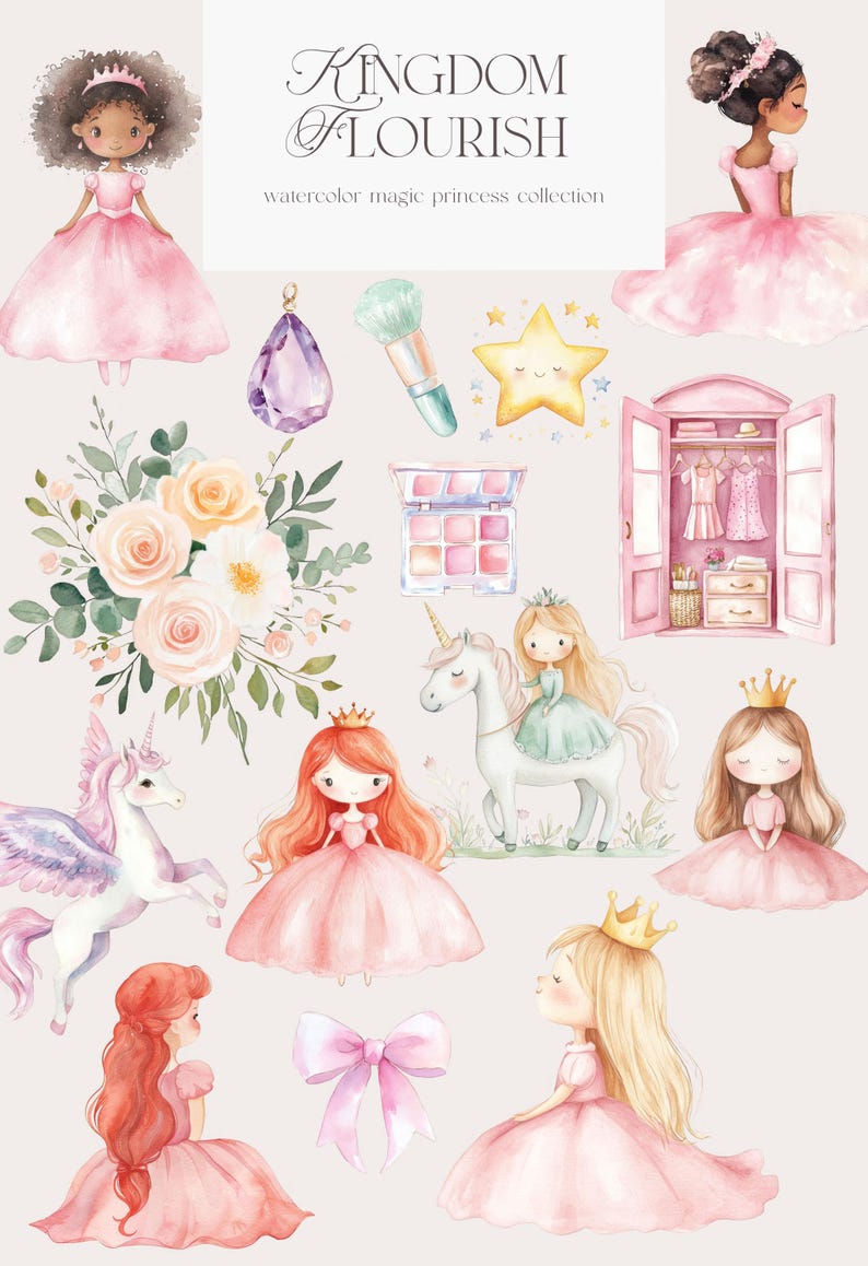 Princess Watercolor Clipart - Pink Princesses - Dusty Pink - Unicorn ...