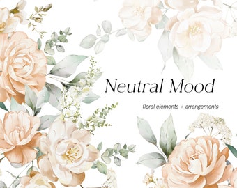 May include: Watercolor floral illustrations in shades of cream, beige, and white. The flowers are arranged in a loose, natural style, with some leaves and stems visible. The text "Neutral Mood" and "floral elements + arrangements" is included in the image.