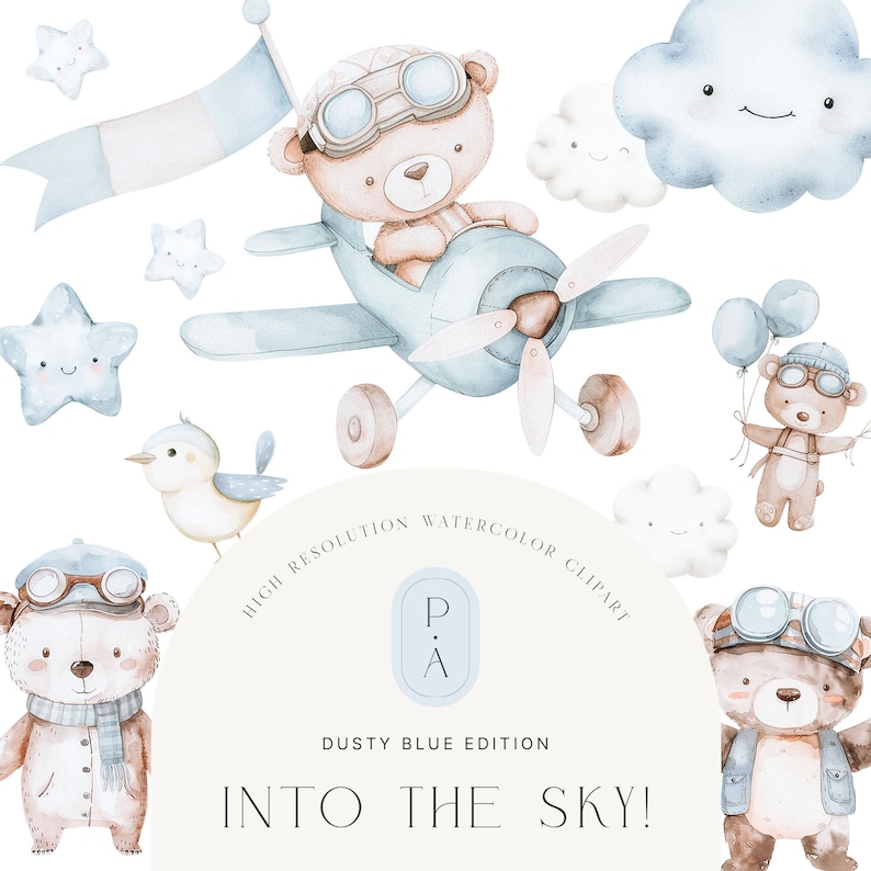 Bears & Airplane Watercolor Clipart - Airplane Clipart - Bear Pilot - Brown Bear Clipart - Nursery - Dusty Blue - Unlimited Sales License image 1