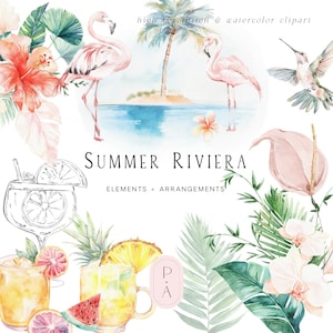 Clipart estate tropicale - Clipart estate acquerello - Fiori tropicali - Elementi - Clipart Flamingo - Cocktail - Licenza di vendita illimitata