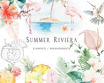 May include: Watercolor illustrations of tropical elements, including pink flamingos, a hummingbird, palm trees, hibiscus flowers, and cocktails. The text "Summer Riviera" and "Elements + Arrangements" is also included.