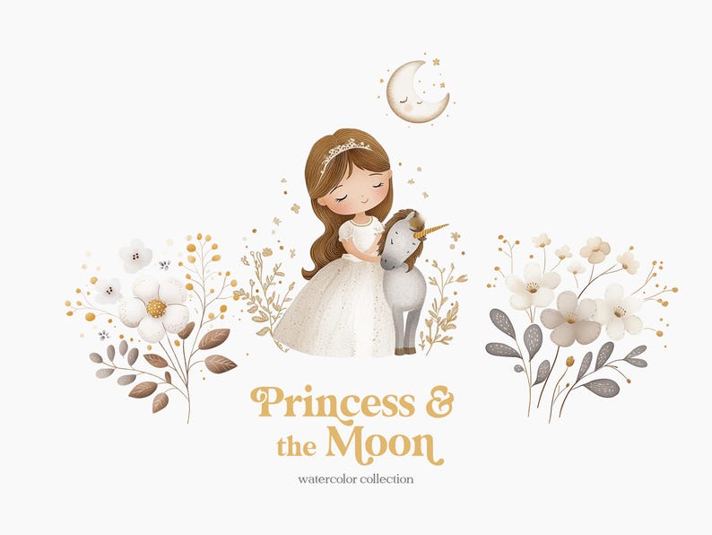 Puede incluir: Una ilustraci&oacute;n de acuarela de una princesa con un vestido blanco sosteniendo un unicornio. La princesa tiene el pelo casta&ntilde;o y una corona. El unicornio es blanco con un cuerno dorado. El fondo es blanco con estrellas doradas y flores.