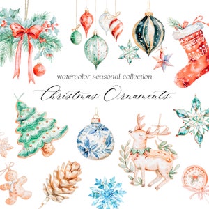 Clipart de adornos de Navidad - Clipart festivo - Clipart de Navidad - Invierno de acuarela - Adornos de acuarela - Licencia de venta ilimitada