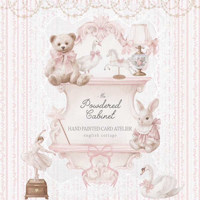 Pode incluir: Ilustra&ccedil;&atilde;o em aquarela de um arm&aacute;rio decorativo rosa e branco com v&aacute;rios brinquedos e figuras. Um urso de pel&uacute;cia, um ganso, um cavalo de carrossel e um coelho s&atilde;o exibidos. O texto "the Powdered Cabinet" &eacute; vis&iacute;vel.