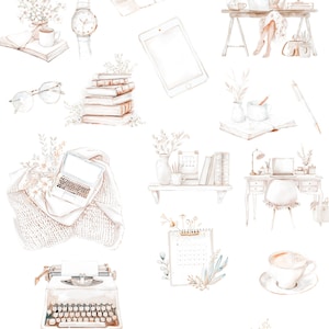 May include: A collection of watercolor illustrations featuring a variety of office and home office supplies, including a laptop, a typewriter, a calendar, a cup of coffee, books, and flowers. The illustrations are in a pale color palette and have a vintage aesthetic.