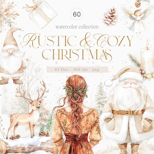 Aquarel rustieke kerstclipart - rustieke gezellige wintercollectie - kerstversiering - kerstbomen