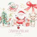 Watercolor Cute Santa Village Clipart - Cute Christmas clipart - Raindeer and Santa Village Watercolor Clipart Collection