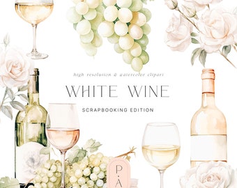 White Wine Clipart Set - White Wine Winery - Grapes - White Wine - White Grapes - Scrapbooking - Digital Stickers