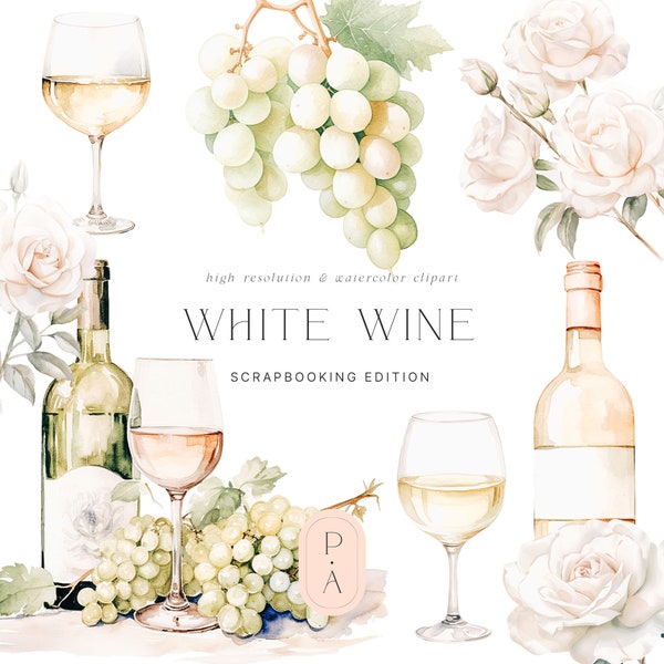 Ensemble de cliparts vin blanc - domaine viticole de vin blanc - raisins - vin blanc - raisins blancs - scrapbooking - stickers numériques
