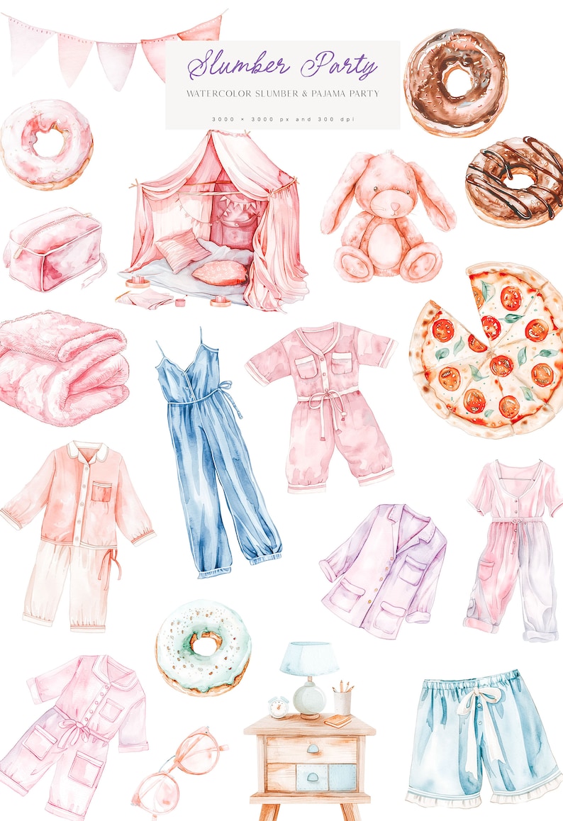 Slumber Party Clipart Set - Pajama Party Clipart - Watercolor Party ...