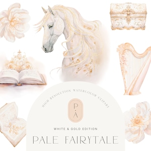 Witte & Gouden Sprookjesachtige Clipart - Fantasiepaarden - Kinderaquarel Clipart - Scrapbooking - Kwekerij - Witte en Gouden Clipart - Fantasie