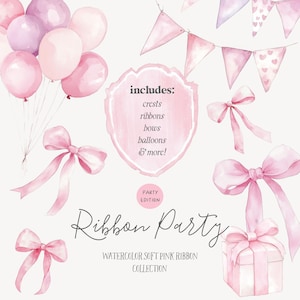 Aquarell Pink Ribbon Clipart - Pinke Schleifen - Pinke Ästhetik - Party Clipart - Ribbon Party - Bänder & Wappen - Unbegrenzte Verkaufslizenz