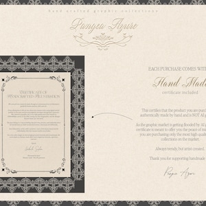 Pode incluir: Certificado de autenticidade para uma cole&ccedil;&atilde;o gr&aacute;fica artesanal. O certificado est&aacute; em uma moldura decorativa com o texto "Certificado de Ilustra&ccedil;&atilde;o Artesanal". O texto afirma que o produto &eacute; feito &agrave; m&atilde;o, n&atilde;o gerado por IA.