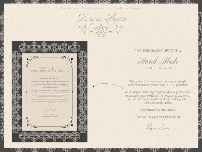Pode incluir: Certificado de autenticidade para uma cole&ccedil;&atilde;o gr&aacute;fica artesanal. O certificado est&aacute; em uma moldura decorativa com o texto "Certificado de Ilustra&ccedil;&atilde;o Artesanal". O texto afirma que o produto &eacute; feito &agrave; m&atilde;o, n&atilde;o gerado por IA.