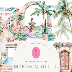 Set di clipart messicani ad acquerello - Estetica messicana - Scenari del Messico - Clipart di architettura - Clipart tropicali - Licenza estesa illimitata