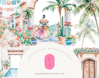 Watercolor Mexican Clipart Set - Mexican Aesthetic - Mexico Sceneries - Architecture Clipart - Tropical Clipart - Unlimited Extended License