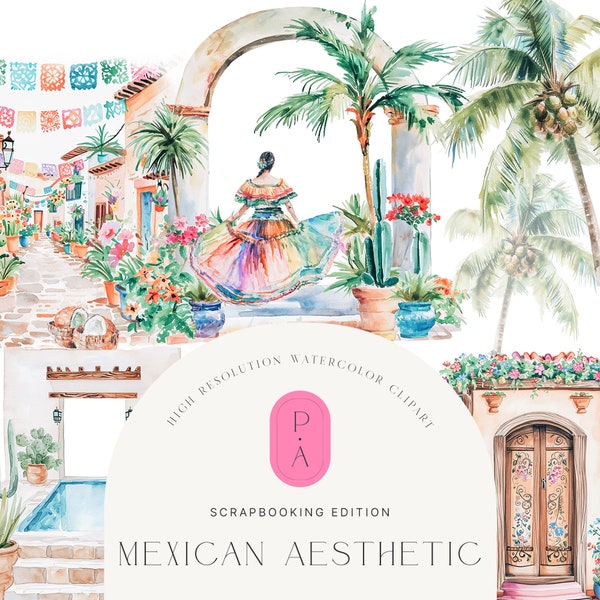 Aquarelle Mexican Clipart Set - Esthétique mexicaine - Paysages du Mexique - Architecture Clipart - Tropical Clipart - Licence étendue illimitée