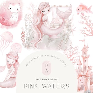 Aquarel roze zeemeerminnen clipart-roze clipart-onderwater clipart-kwekerij-schattige zeemeerminnen-zeedieren-onbeperkte uitgebreide licentie