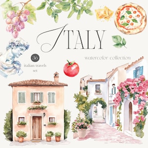 イタリアの水彩画クリップアート - イタリア旅行 - イタリア - 水彩画旅行クリップアート - イタリア料理 - イタリア語 - 食べ物 - 無制限の販売ライセンス