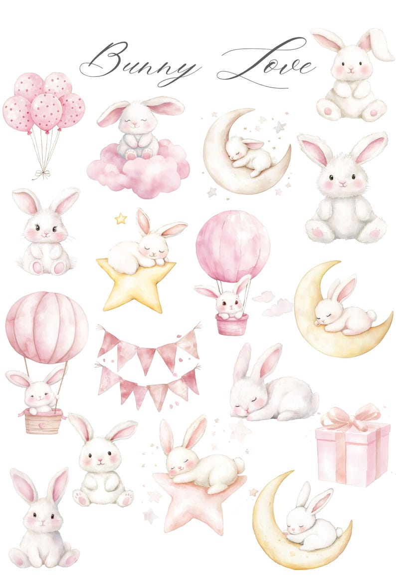 Bunny Watercolor Nursery Clipart Bunnies Floral Clipart Dusty Pink Pink