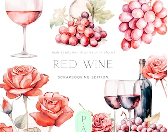 Red Wine Clipart - Watercolor Clipart - Winery - Red Wine Watercolor - Red Grapes - Grapes Clipart - Digital Stickers - Scrapbooking