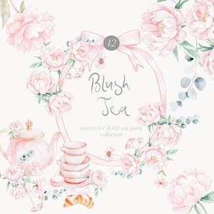 Collezione Blush Floral Tea Party - Clipart di peonie - Teiere e tazze da tè - Bouquet floreali - Clipart di fiocchi - Set di clipart di civette rosa