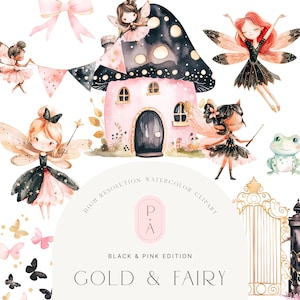Schwarz & Rosa Feen Aquarell Clipart - Schwarz und Gold - Feengarten Clipart - Kinderzimmer - Magisches Clipart-Set - unbegrenzte Verkaufslizenz