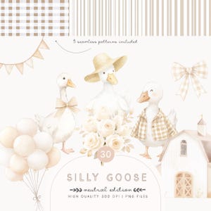 May include: Watercolor illustration featuring a collection of whimsical geese, balloons, and floral elements. The design includes the text "Silly Goose" and "neutral edition". The image also includes three seamless patterns.