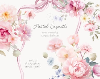 Watercolor Coquette Pastel Floral Collection - Floral Bouquets - Bow Florals - Preppy Flowers - Floral Set - Watercolor Flowers