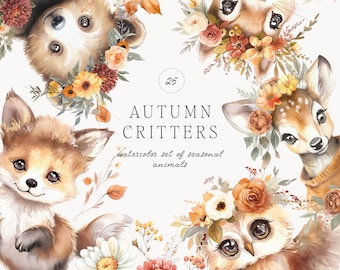 May include: Watercolor illustration featuring a collection of adorable autumn critters. The image includes a fox, owl, deer, and squirrel, each adorned with floral arrangements. The text reads "Autumn Critters" and "watercolor set of seasonal animals."
