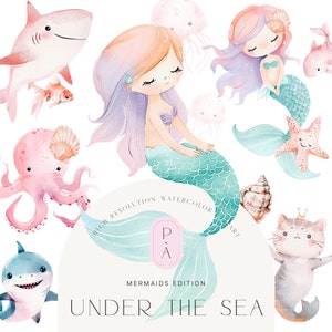 Aquarell Meerjungfrauen Clipart - Unterwasser Clipart - Kinderzimmer - Süße Meerjungfrauen Clipart - Meerestiere - Meerjungfrauen - unbegrenzte erweiterte Lizenz