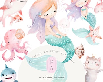 May include: Watercolor illustration of a mermaid with a pink and purple tail, a pink octopus, a shark, a goldfish, a starfish, a seashell, a jellyfish, and a cat. The text "Under the Sea" is written in a whimsical font.