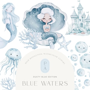 Dusty Blue Meerjungfrauen Aquarell Clipart - Meerjungfrau Clipart - Meerjungfrau Clipart-Set für Kinder - Meerestiere - Kinderzimmer - Unbegrenzte Verkaufslizenz