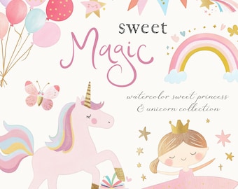 Cute Pastel Unicorn & Princess Clipart - Fantasy Clipart - Clipart For Kids - Nursery Clipart - Pink Unicorns - Unlimited Sales License