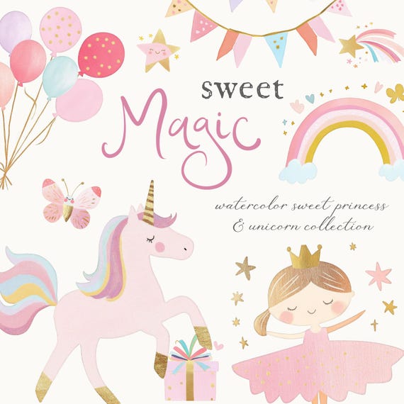 Cute Pastel Unicorn & Princess Clipart - Fantasy Clipart - Clipart For Kids - Nursery Clipart - Pink Unicorns - Unlimited Sales License