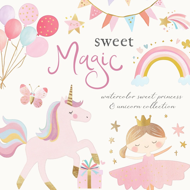 Puede incluir: Conjunto de clipart de acuarela con un unicornio, una princesa, un arco&iacute;ris, estrellas, una mariposa, globos y una pancarta. El texto "Sweet Magic" est&aacute; escrito en cursiva rosa. El texto "watercolor sweet princess & unicorn collection" est&aacute; escrito en negro.