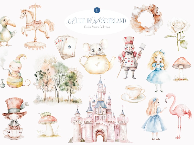 Watercolor Cute Alice in Wonderland Clipart Collection - Classic Story ...