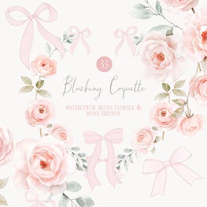 Blush coquette bloemen clipart - roze en blozen bloemen - blush roos clipart - elementen - strikken en linten - kaders - roze linten - coquette