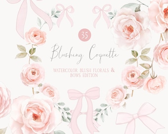 May include: A set of 35 watercolor illustrations featuring blush pink roses and bows. The illustrations are perfect for creating invitations, cards, and other paper crafts.