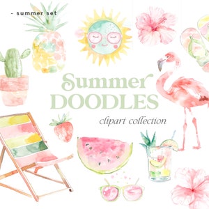 Conjunto de imágenes prediseñadas de garabatos de verano de acuarela, Colección de elementos de verano, Conjunto de acuarela de verano de temporada, Vacaciones