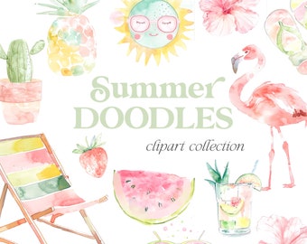 Watercolor Summer Doodle Clipart Set - Summer Collection of Elements - Seasonal Summer Watercolor Set - Vacation