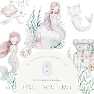 Doux sirènes clipart aquarelle - ensemble de cliparts sirène - océan Clipart - créatures de la mer - sirène clipart pour enfants - licence de vente illimitée