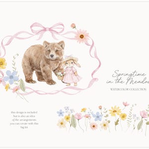 以下が含まれることがあります： 茶色のクマとピンクのドレスを着たウサギの水彩イラスト。ピンクのリボンと花で囲まれています。「Springtime in the Meadow」と「Watercolor Collection」の文字も含まれています。
