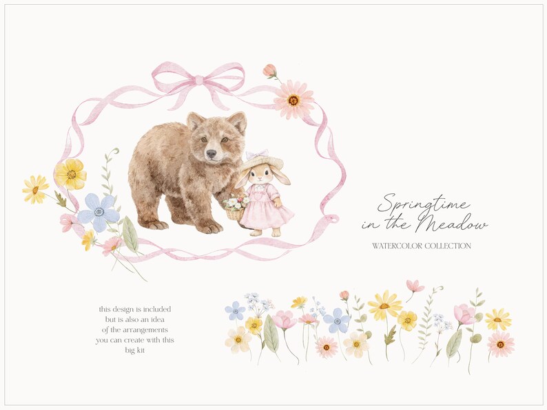 以下が含まれることがあります： 茶色のクマとピンクのドレスを着たウサギの水彩イラスト。ピンクのリボンと花で囲まれています。「Springtime in the Meadow」と「Watercolor Collection」の文字も含まれています。