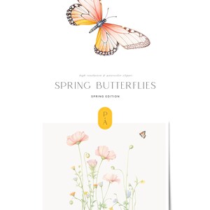 Op de afbeelding: Waterverfillustratie van een vlinder met oranje en witte vleugels, en een tros roze bloemen met groene stelen en bladeren. De afbeelding heeft de titel "Lentevlinders, Lente-editie".