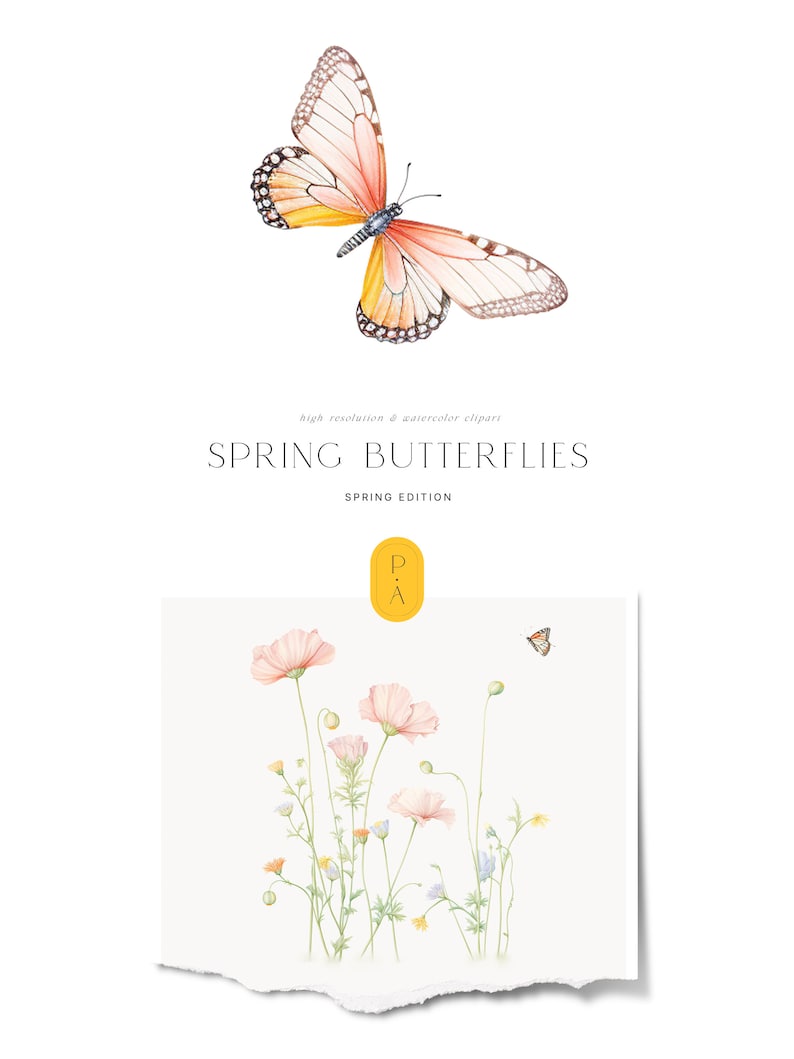 Op de afbeelding: Waterverfillustratie van een vlinder met oranje en witte vleugels, en een tros roze bloemen met groene stelen en bladeren. De afbeelding heeft de titel "Lentevlinders, Lente-editie".