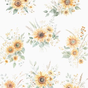 K&ouml;nnte beinhalten: Sechs Aquarell-Illustrationen von Sonnenblumenstr&auml;u&szlig;en, Gr&uuml;npflanzen und Wildblumen. Die Str&auml;u&szlig;e sind in einer Reihe angeordnet, wobei die Sonnenblumen zum Betrachter zeigen. Die Sonnenblumen sind gelb mit braunen Zentren, und das Gr&uuml;n ist hellgr&uuml;n. Die Wildblumen sind in verschiedenen Farben, darunter Wei&szlig;, Gelb und Rosa. Der Text "Wild Sunflowers Watercolor Floral Arrangements beautiful rustic bouquets" befindet sich oben im Bild.