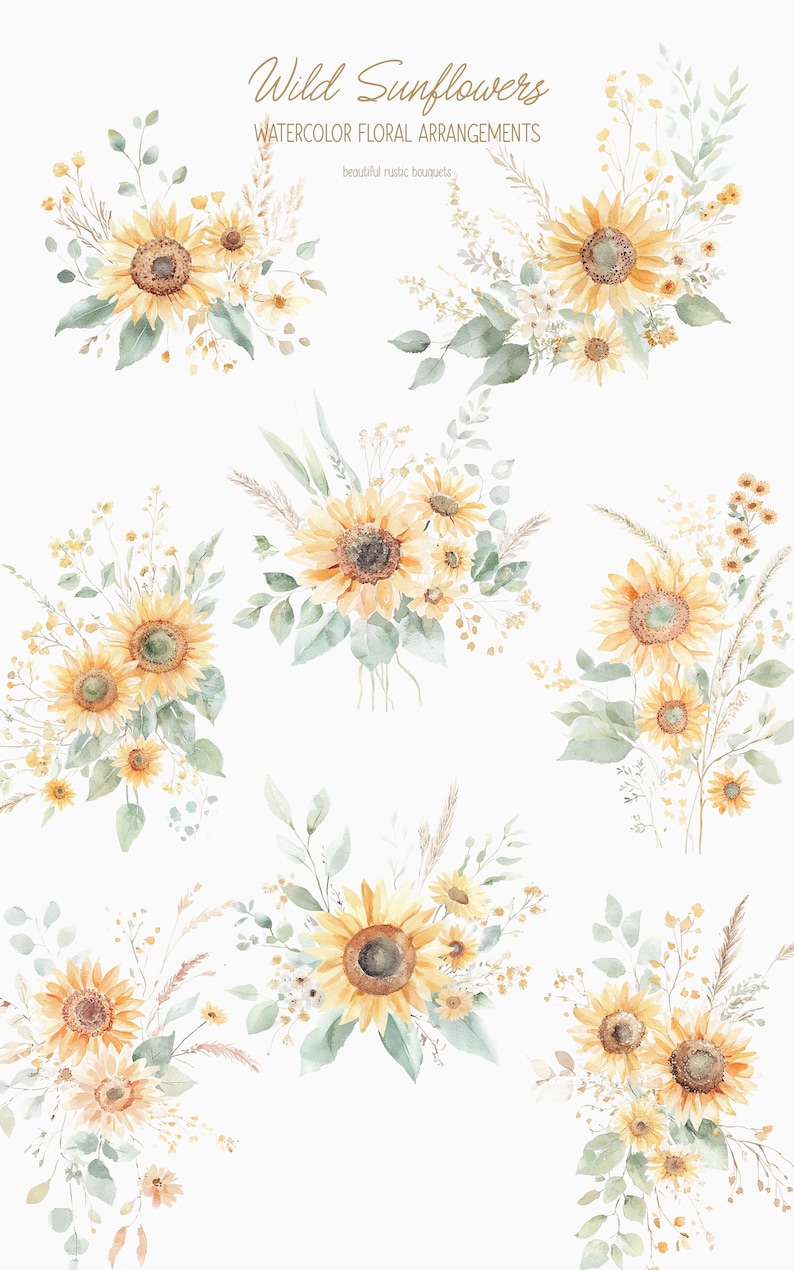 K&ouml;nnte beinhalten: Sechs Aquarell-Illustrationen von Sonnenblumenstr&auml;u&szlig;en, Gr&uuml;npflanzen und Wildblumen. Die Str&auml;u&szlig;e sind in einer Reihe angeordnet, wobei die Sonnenblumen zum Betrachter zeigen. Die Sonnenblumen sind gelb mit braunen Zentren, und das Gr&uuml;n ist hellgr&uuml;n. Die Wildblumen sind in verschiedenen Farben, darunter Wei&szlig;, Gelb und Rosa. Der Text "Wild Sunflowers Watercolor Floral Arrangements beautiful rustic bouquets" befindet sich oben im Bild.